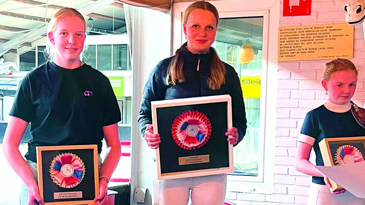 dressuur pony’s met Melle Johannink op 1, Tess Groener op 2 en Fleur Koop op 3.